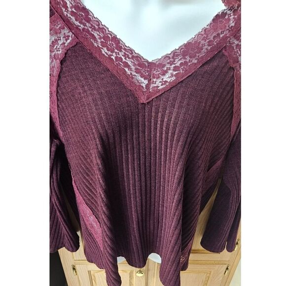 SUSAN BETRO Women's Deep Purple Lacy LongSleeve Ribbed V- Neck Sweater Size 2X - Picture 8 of 15